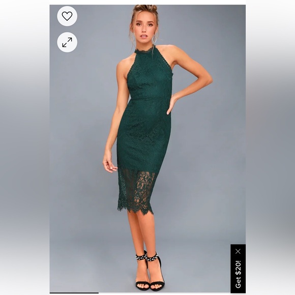 Lulus Kiss Me at Midnight Lace Halter Bodycon Midi Dress in Forest Green, Sz S - Picture 3 of 17